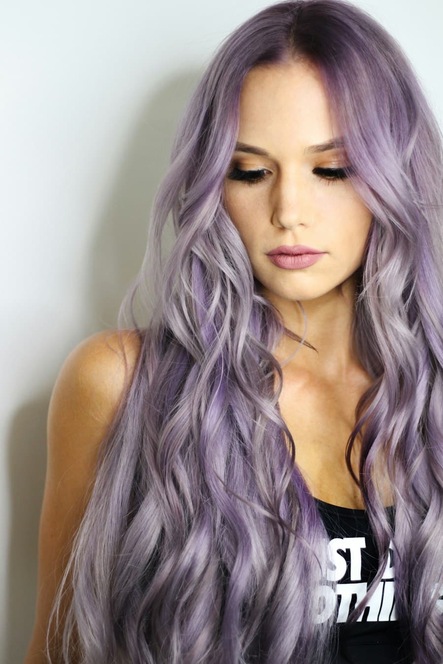 Soft lavender waves on long hair, a full color transformation